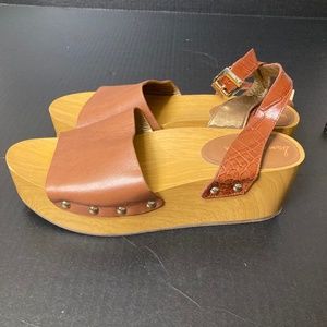 Sam Edelman 10M Wood Platform Sandals Ankle Wrap Brown Leather 2.5 Inch Platform